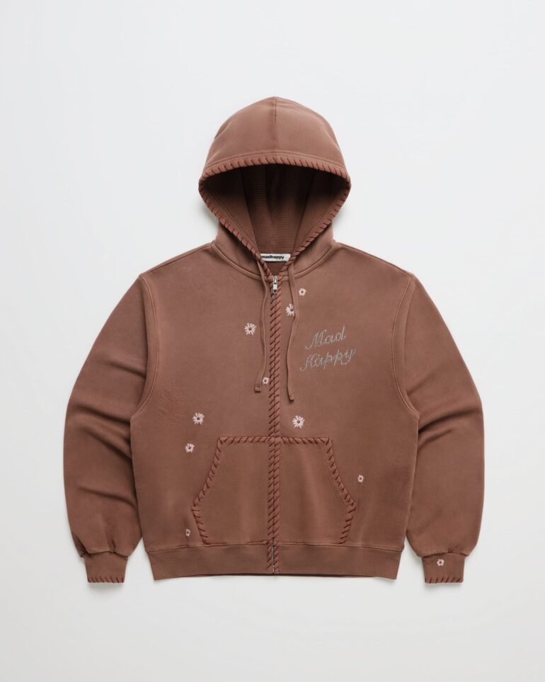 Crystal Flower Zip Up Hoodie Brown